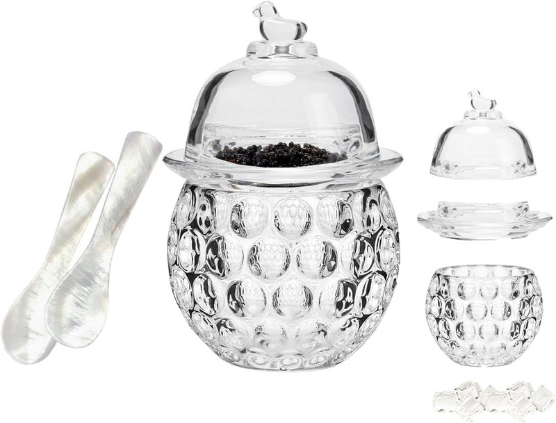 GCFTIFF caviar serving set with 2 Pcs Mother of Pearl Spoons,Chilled bowl Glass Caviar Dish With Lids,ice bowls to keep food cold, Elegant Serving Tray for Party Appetizers (Polka Dots) - Image 1
